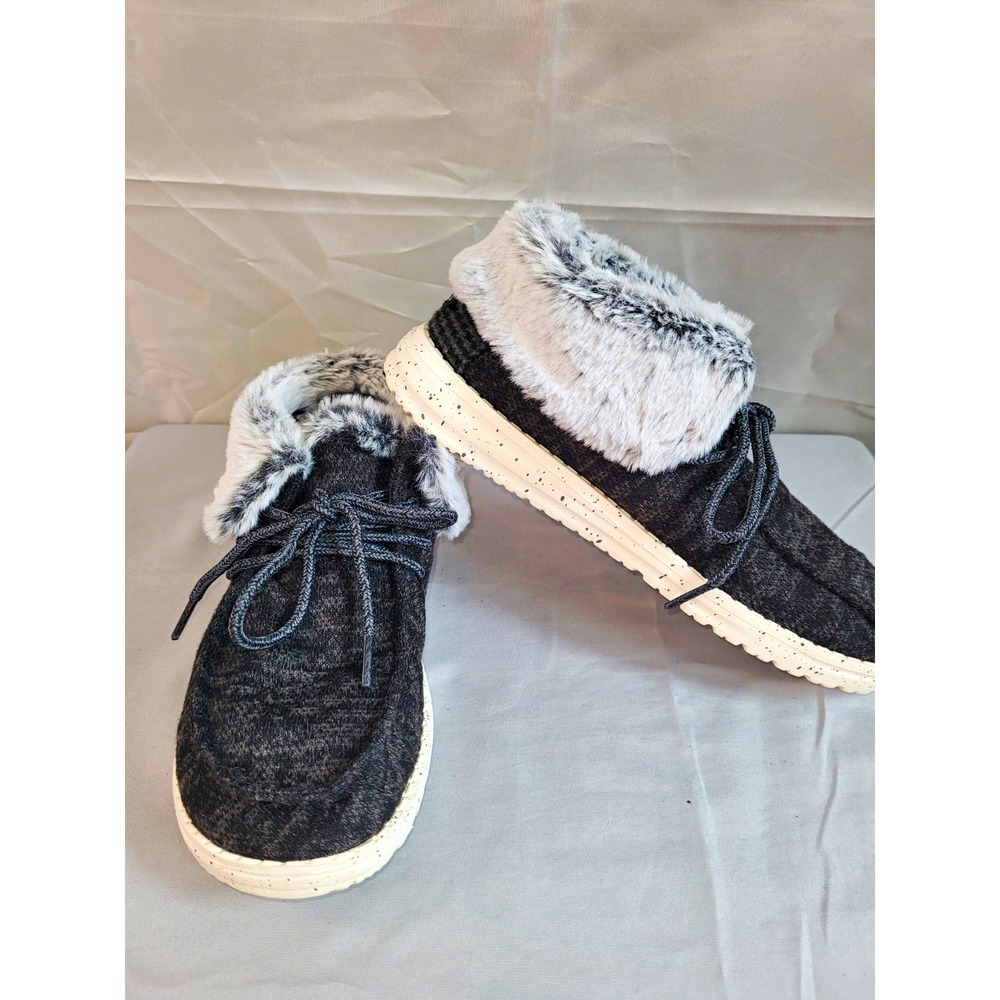 Hey Dude Unisex Gray Cotton Lace-Up Sneaker Faux Fur Lined Round Toe US 8